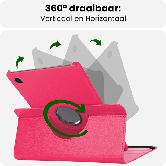 Illustratie die de 360 graden draaibare functie van de donkerroze tablethoes toont.
