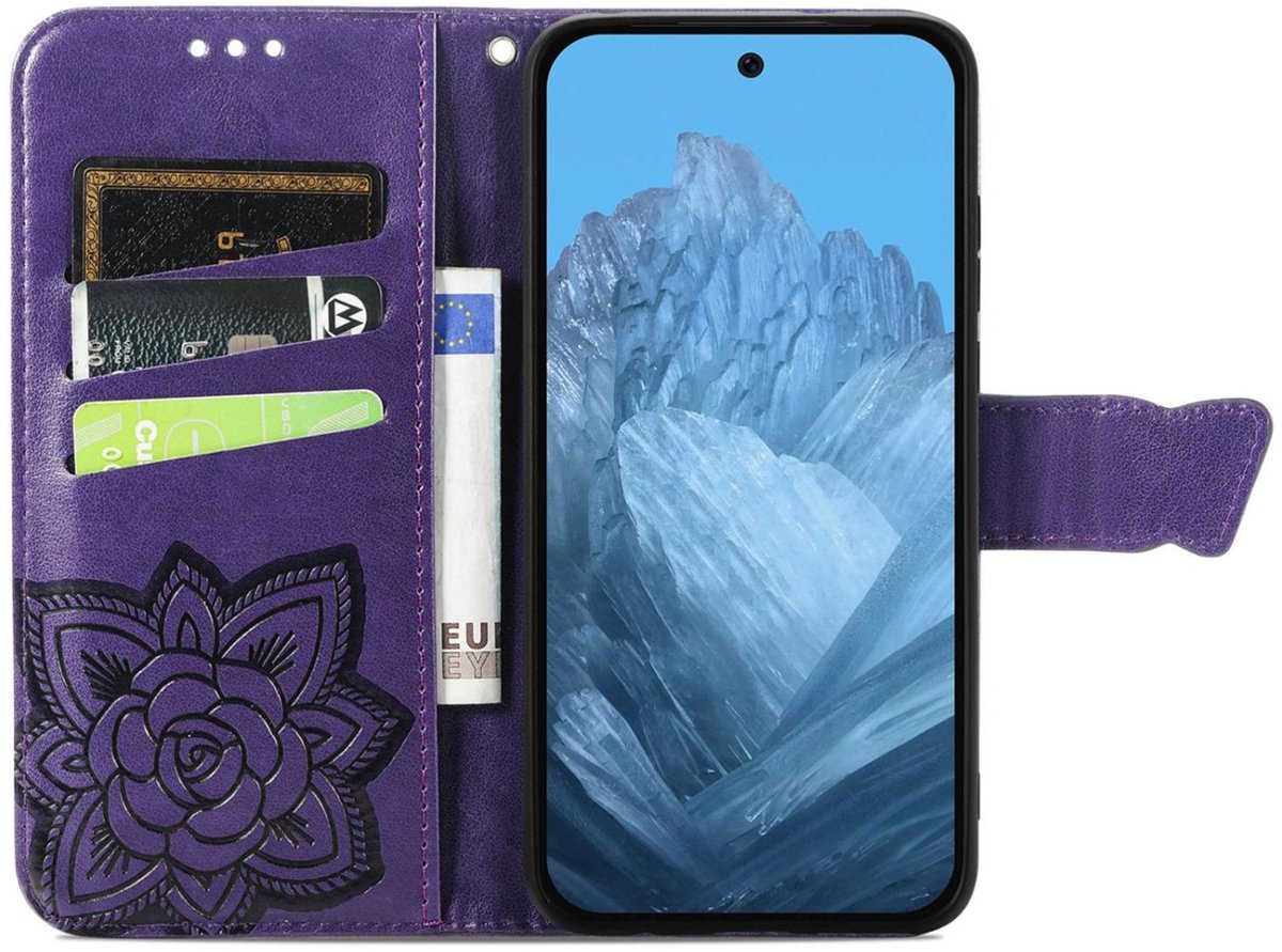 Mobigear Telefoonhoesje geschikt voor Google Pixel 9 Hoesje | Mobigear Butterfly Bookcase Portemonnee | Pasjeshouder voor 3 Pasjes | Telefoonhoesje voor Pinpas / OV Kaart / Rijbewijs - Dark Purple | Paars