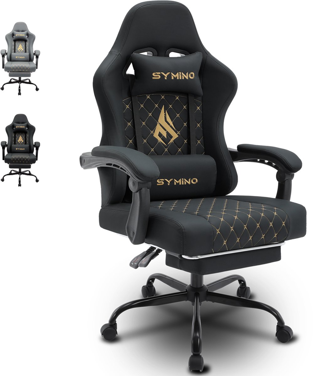 Symino FZ Gaming Stoel 200 kg – Racing-Style Gamestoel met Uittrekbare Voetensteun, 155° Rugleuning & 3D Armleuningen – Gepolsterd PU-leer – Zwart