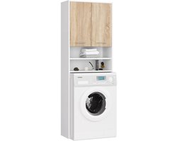 Badkamerkast voor Wasmachine FIN / Hoge Wasmachinekast met 2 Deuren / AKORD Furniture Factory / Wit - Sonoma Eik / 64 x 180 x 30 cm