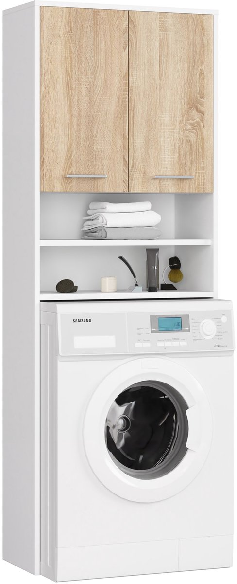 Badkamerkast voor Wasmachine FIN / Hoge Wasmachinekast met 2 Deuren / AKORD Furniture Factory / Wit - Sonoma Eik / 64 x 180 x 30 cm