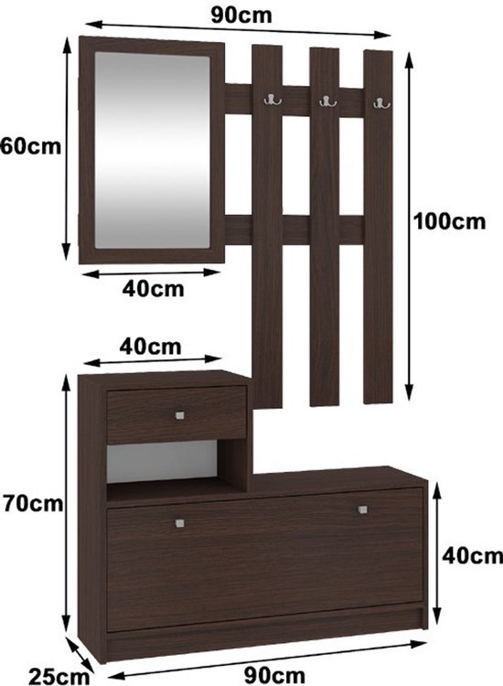Ensemble de meubles muraux pour le hall, Design Classique , Couleur wengé, Miroir inclus, Deux éléments, 90x170x25 cm, Porte et tiroir, A monter soi-même, Max. 5 paires de Chaussures pour femmes, Perfect pour les entrées modernes