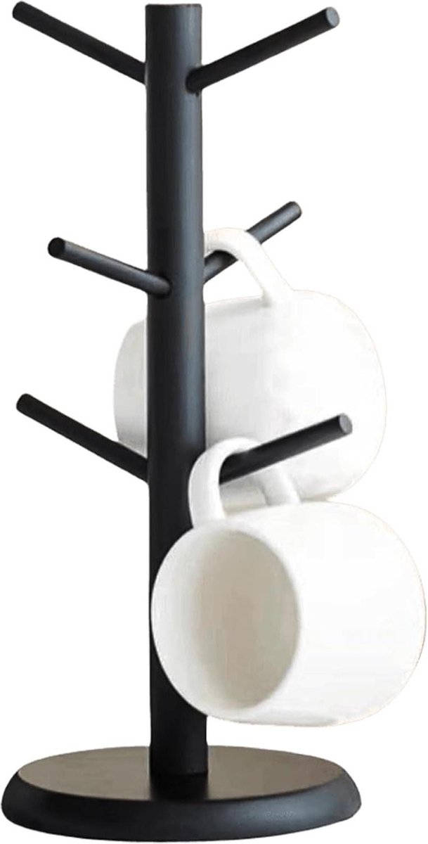 Allecto Plus - Bamboe bekerhouder met 6 haken en pretzelhouder - Kopjesstandaard voor koffiekopjes en accessoire - Ideaal voor pretzels, kopjes, worstjes, halskettingen en decoraties