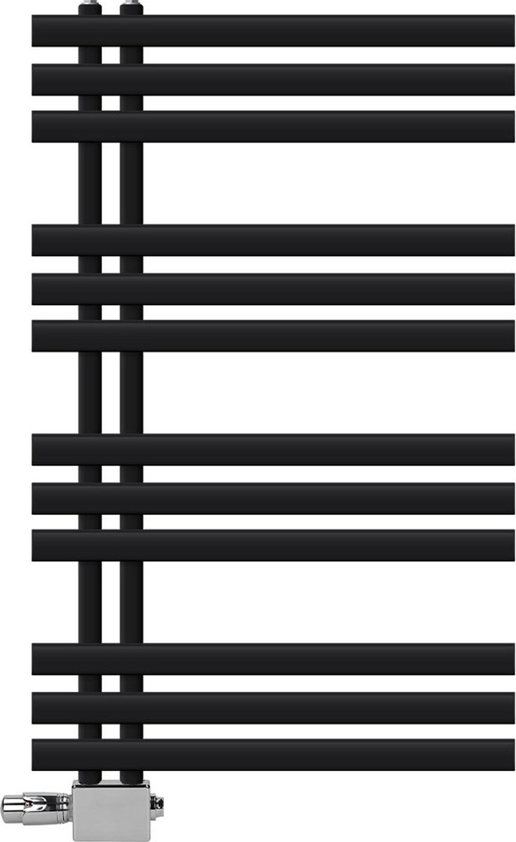 Badkamer radiator middenaansluiting 600x1000 mm zwart mat met universele thermostaatkraan LuxeBath