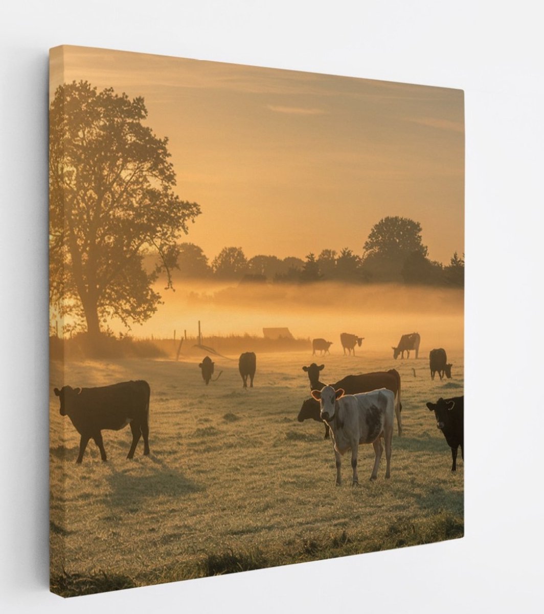 Saammp Canvas Schilderij - Groep koeien in de mist met zonsondergang - Nederland - Dieren - 40x40 - Foto op canvas - Wanddecoratie - Muurdecoratie Woonkamer - Slaapkamer decoratie - Canvas Print Multicolor
