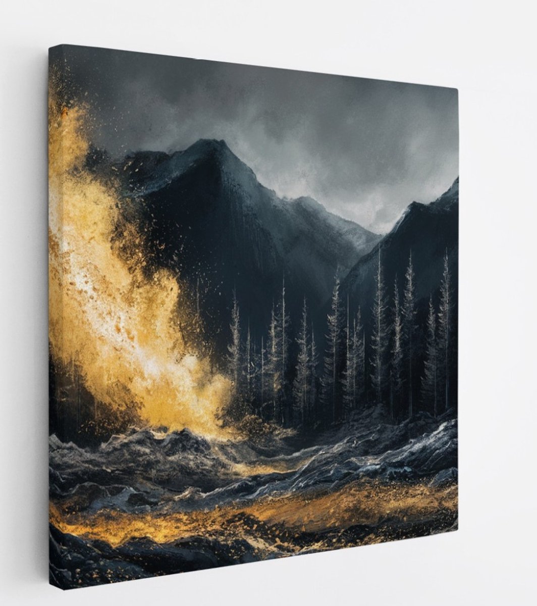 Saammp Canvas Schilderij - goud - Abstract - bomen - Landschap - Natuur - 100x100 - Foto op canvas - Wanddecoratie - Muurdecoratie Woonkamer - Slaapkamer decoratie - Canvas Print Multicolor