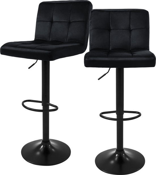 Lot de 2 tabourets de bar revêtement velours noir avec dossier et repose-pieds réglables en hauteur 63-83cm ML- Design