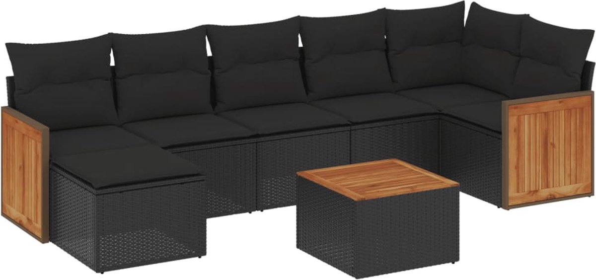 Zwarte poly rattan loungeset met kussens - tuinmeubel set.