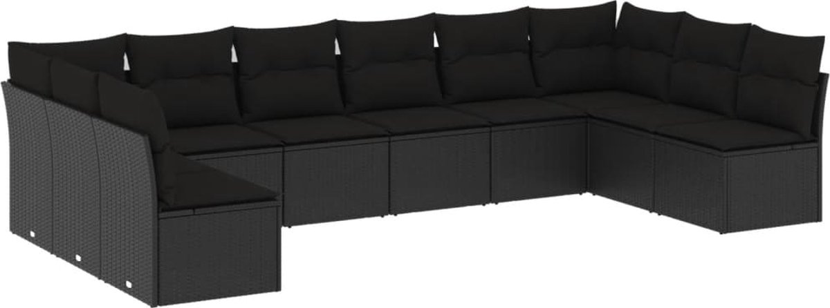 The Living Store 10-delige Loungeset met kussens poly rattan zwart - Loungebank - Tuinset - Lounge Set - Buitendecoratie - Garden Furniture