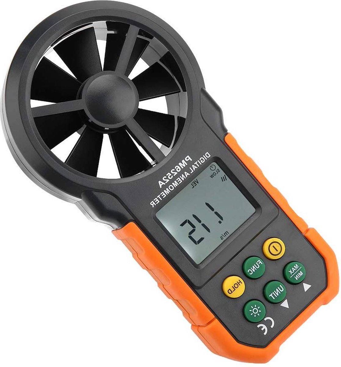 Digitale windsnelheidsmeter met groot LCD-scherm en achtergrondverlichting - Handheld luchtstroommeter met draagbaar zwart design - PM6252A .