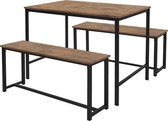 Eetkamerset met 2 banken 3-delig met eettafel rustiek eiken stalen frame ML design
