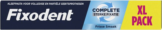 Doos Fixodent Complete, sterke fixatie, frisse smaak, XL verpakking. Donkerblauwe, lichtblauwe en gele kleuren.