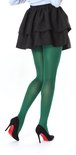 Damesbenen in donkergroene panty's en zwarte pumps met rode zolen, met zwarte rok.