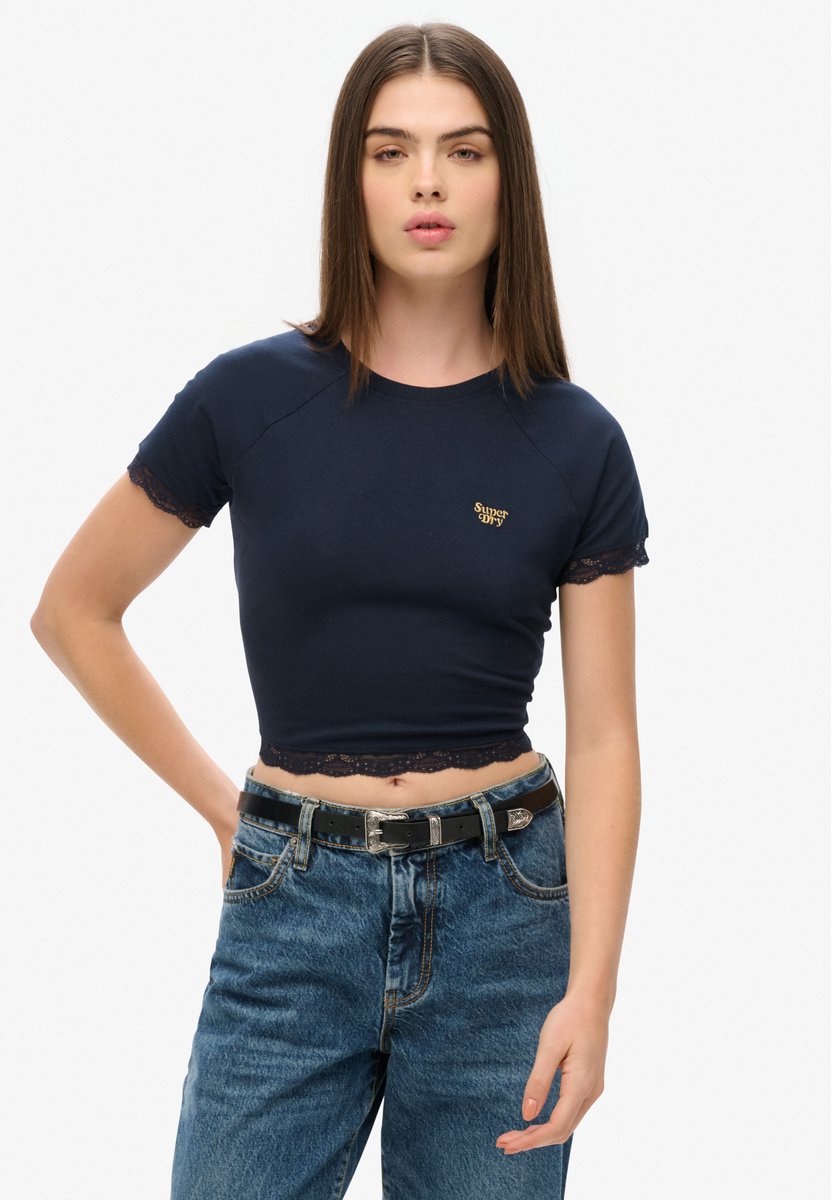 Superdry Jaren 90 T-shirt met kanten rand Dames T-shirts Marineblauw