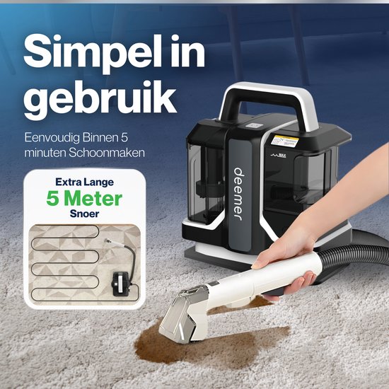 Deemer Tapijtreiniger Vlekkenreiniger Zetelreiniger Machine - Bank & Meubel Reiniger Stofzuiger - Tapijt Apparaat Meubelreiniger - Haarverwijderaar Stofzuiger Voor Dierenharen Reinigen - 750W Krachtige Zuigkracht - Inclusief Reinigingsmiddel