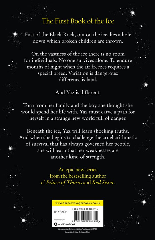 Achterkant van het boek 'The First Book of the Ice'. Bevat tekst over het verhaal en de auteur Mark Lawrence.