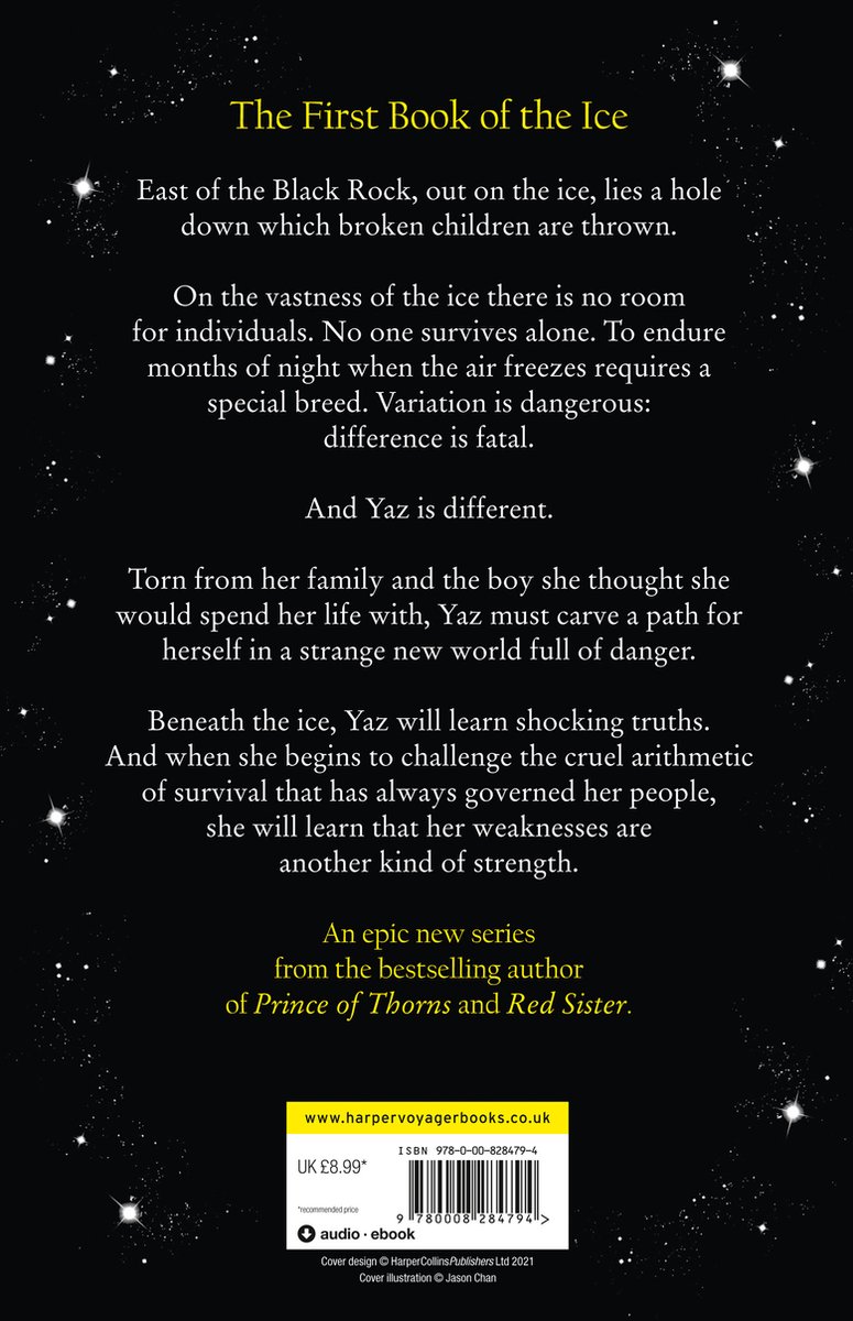 Achterkant van het boek 'The First Book of the Ice'. Bevat tekst over het verhaal en de auteur Mark Lawrence.
