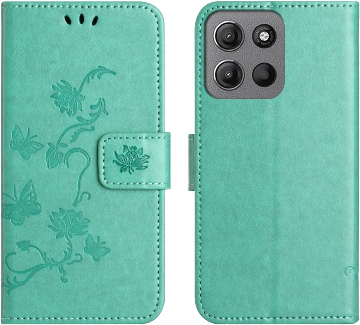 Coverup Hoesje - Geschikt voor Motorola Moto G15 / G15 Power Hoesje - Coverup Bloemen & Vlinders Book Case - Mintgroen