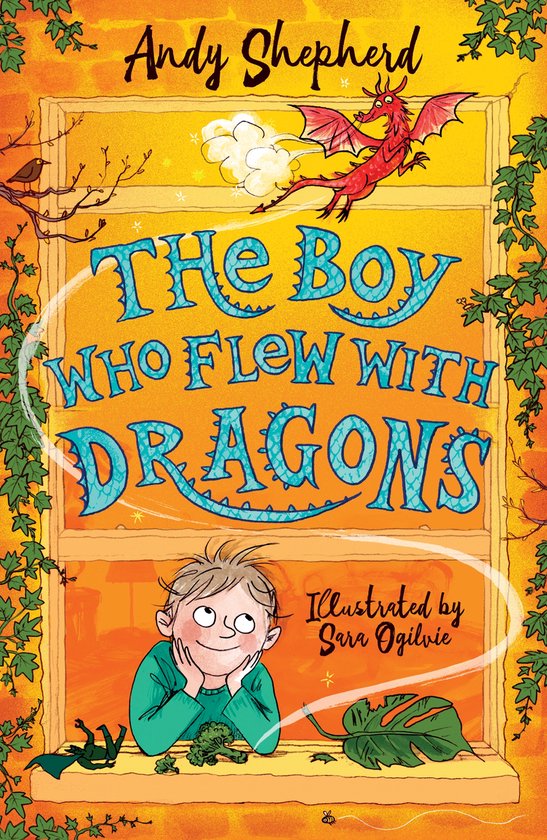 Boek kaft van 'The Boy Who Flew With Dragons'. Een jongen kijkt omhoog naar een rode draak die uit een raam vliegt. Geïllustreerd door Sara Ogilvie.