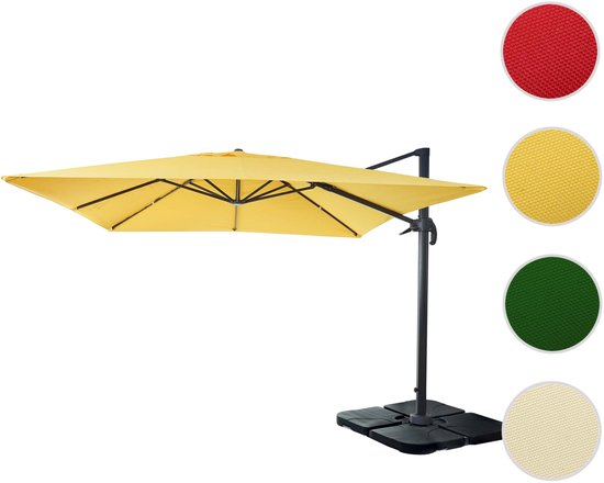 Gele zweefparasol met zwarte paal en voet. Kleurstalen van rood, geel, groen en crème.