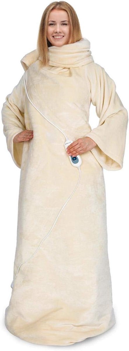 Elektrische deken met mouwen - knusse deken - bankdeken - vermogen 120 watt - 155 x 180 cm - 3 vermogensniveaus - wasbaar - kabellengte 230 cm - koraalvlies beige - Slanket.