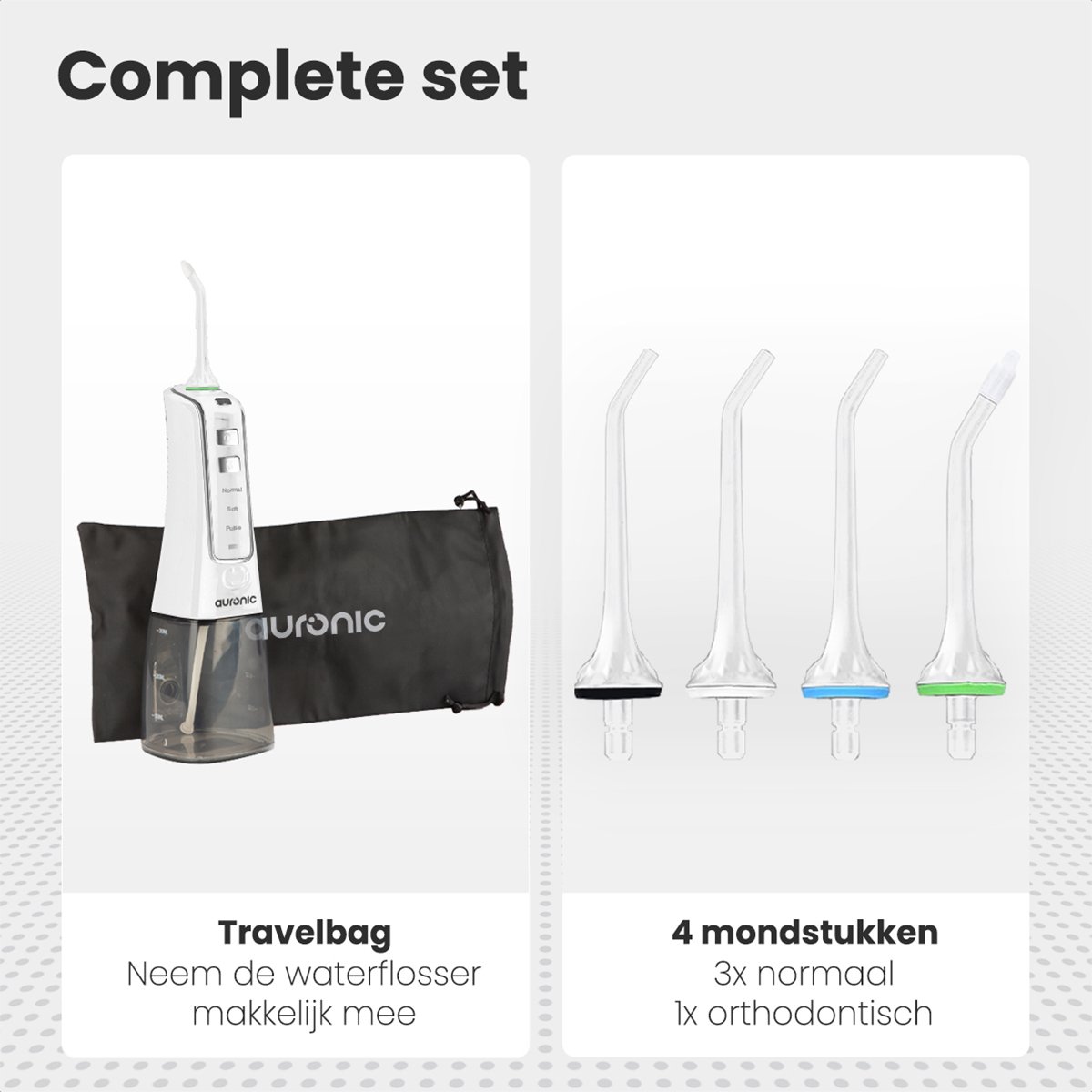 Auronic Waterflosser - Monddouche Elektrisch - 3 Standen - Draadloos en Oplaadbaar - 300 ml - 4 Opzetstukjes - Wit thumbnail 6