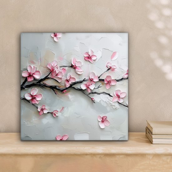 Canvas schilderij 20x20 cm - Exclusieve wanddecoratie Bloesem - Kunstzinnig - Roze - Sakura - Muurdecoratie woonkamer - Slaapkamer decoratie - Kamer accessoires - Schilderijen op canvas