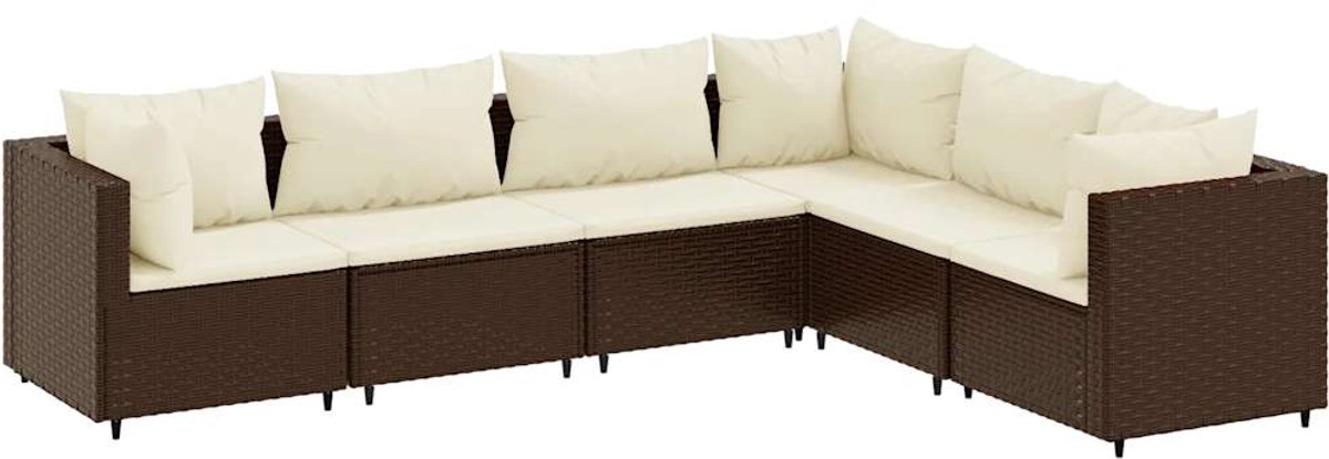The Living Store 6-delige Loungeset met kussens poly rattan bruin - Tuinmeubels - Loungebank - PE-rattan - Buitendecoratie - Tuinset