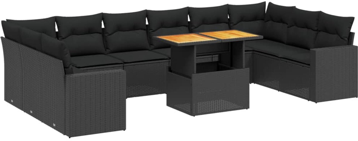 The Living Store 11-delige Loungeset met kussens poly rattan zwart - Loungebank - Tuinset - Lounge Set - Buitendecoratie - Tuinmeubels