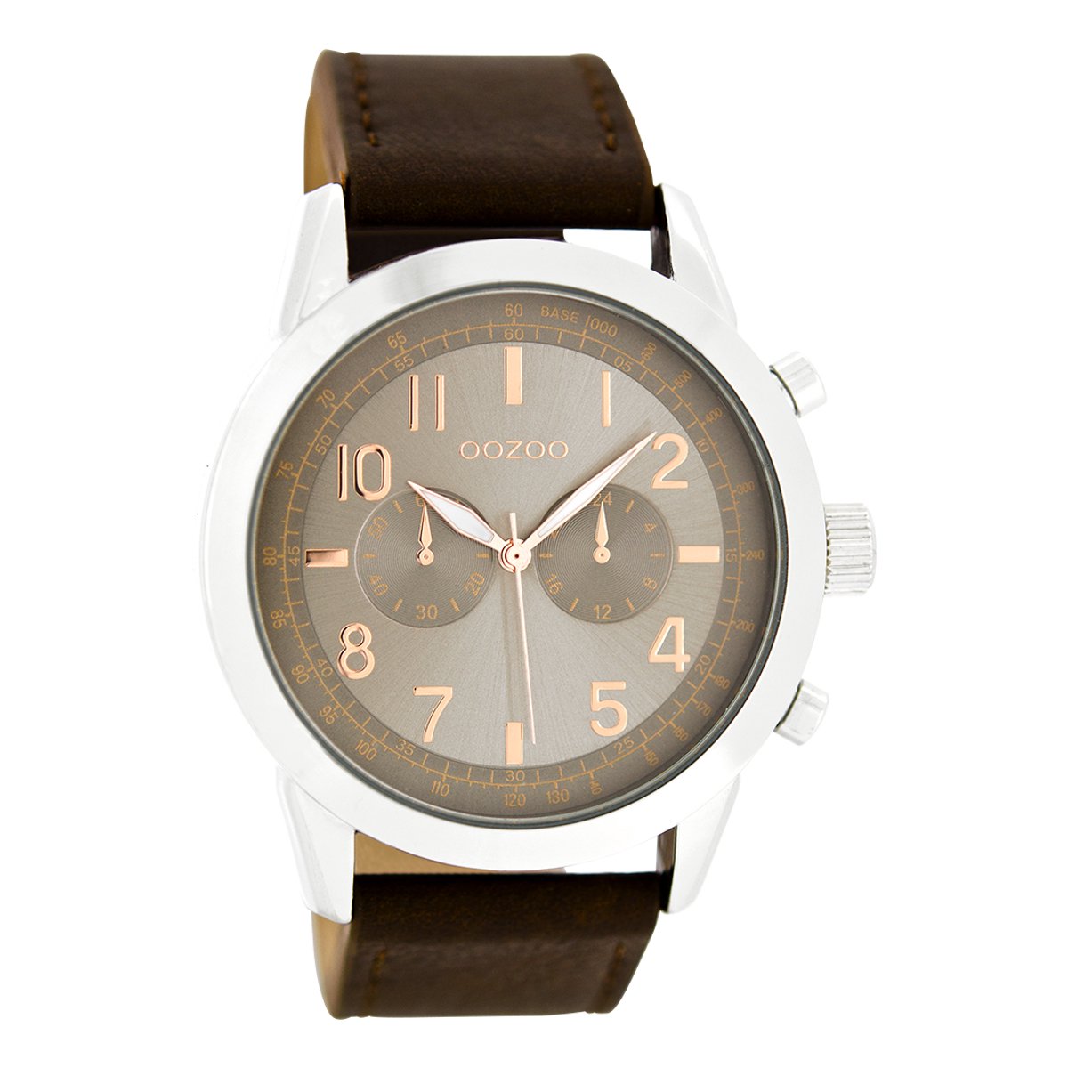 OOZOO Timepieces - Zilverkleurige horloge met donker bruine leren band - C6885