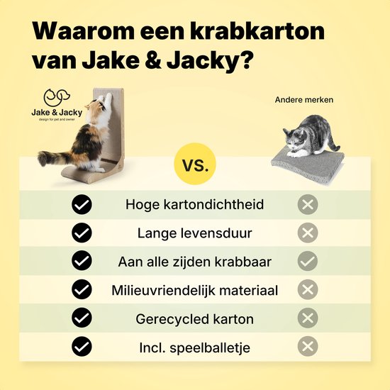 Jake and Jacky Krabkarton voor Katten met Speelballetje - Krabpaal Karton - Krabplank - Krabmand - Krabmeubel - Kartonnen Krabmat - Kattenmand - Kattenbed - 60x26,4x40 cm