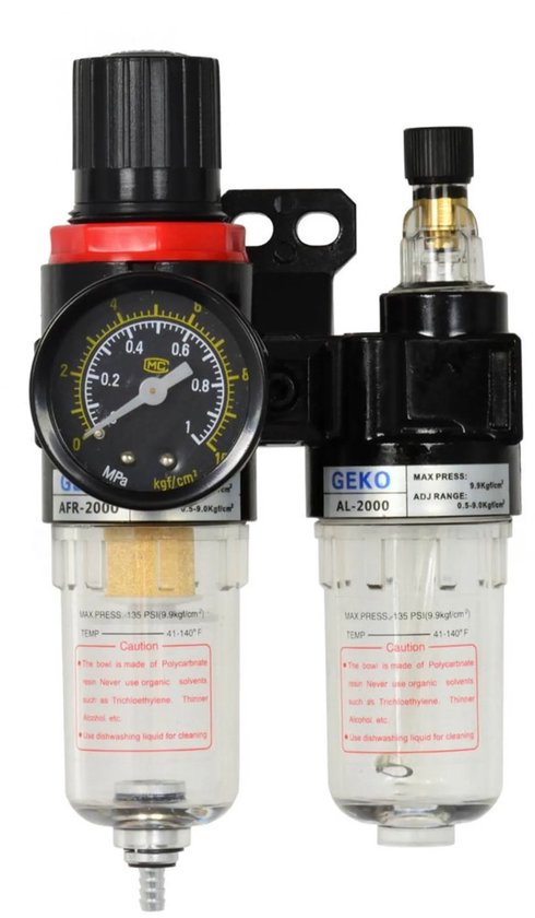 GEKO luchtdrukregelaar met waterafscheider, zwart met rode ring en manometer.