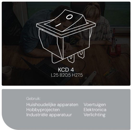 KCD4 schakelaar schematisch met afmetingen en toepassingen.