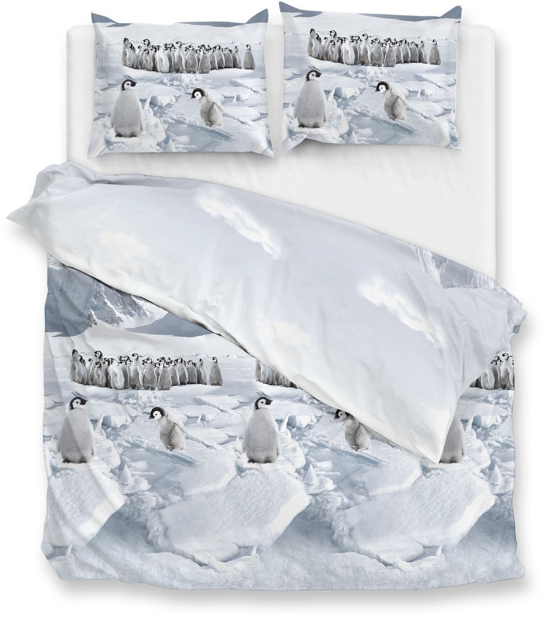 Zohome Dekbedovertrek Pinguini - Bedlinnen met Dieren print - 260x220 - Blauw - Dekbedhoes van 100% Katoen-Flanel