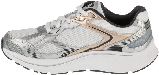 Witte Skechers Go Run dames sneaker met zilveren en koperkleurige accenten, zijaanzicht.