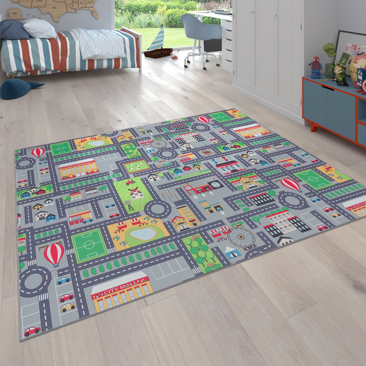 flycarpets Binola Kindervloerkleed Grijs / Kleurrijk - 120x160 cm - Auto Speelkleed / Speelmat Stad - Laagpolig Vloerkleed Kinderkamer
