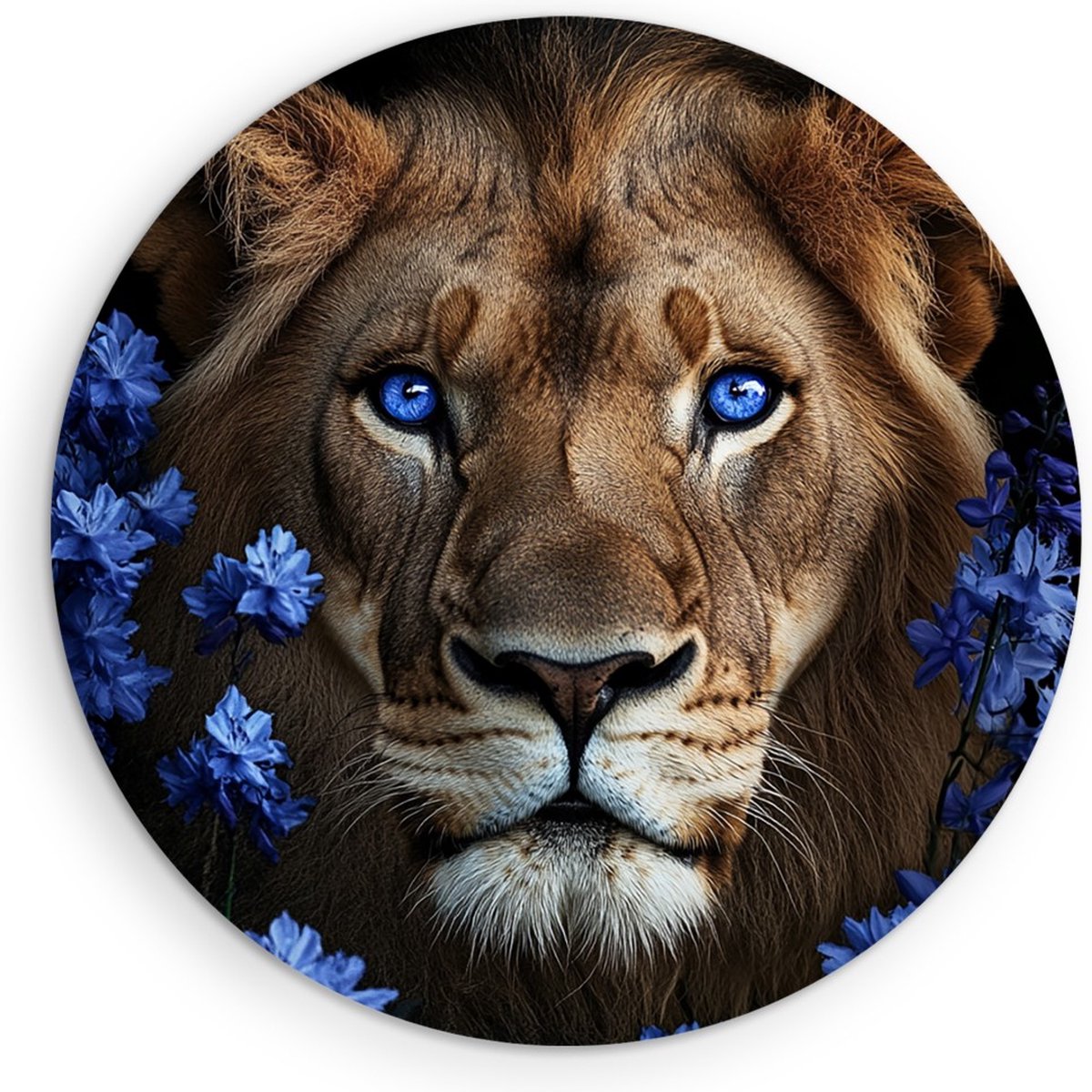 Saammp Forex Muurcirkel - Leeuw met blauwe ogen en bloemen - Dieren - Natuur - Ø 50 - Wandcirkel - Wanddecoratie Cirkel - Muurdecoratie Woonkamer - Slaapkamer decoratie - Rond Schilderij