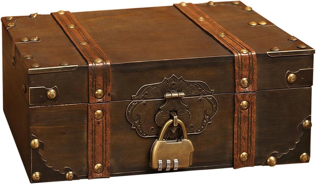 Vintage houten schatkist met cijferslot - 24 x 17 x 10 cm - opbergschatkist voor decoratie en opslag .