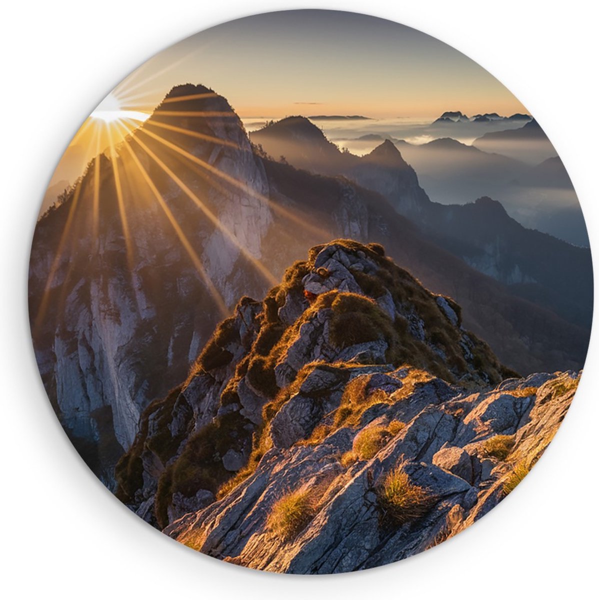 Saammp Forex Muurcirkel -Bergtoppen met zonsopgang - Landschap - Natuur - Ø 70 - Wandcirkel - Wanddecoratie Cirkel - Muurdecoratie Woonkamer - Slaapkamer decoratie - Rond Schilderij