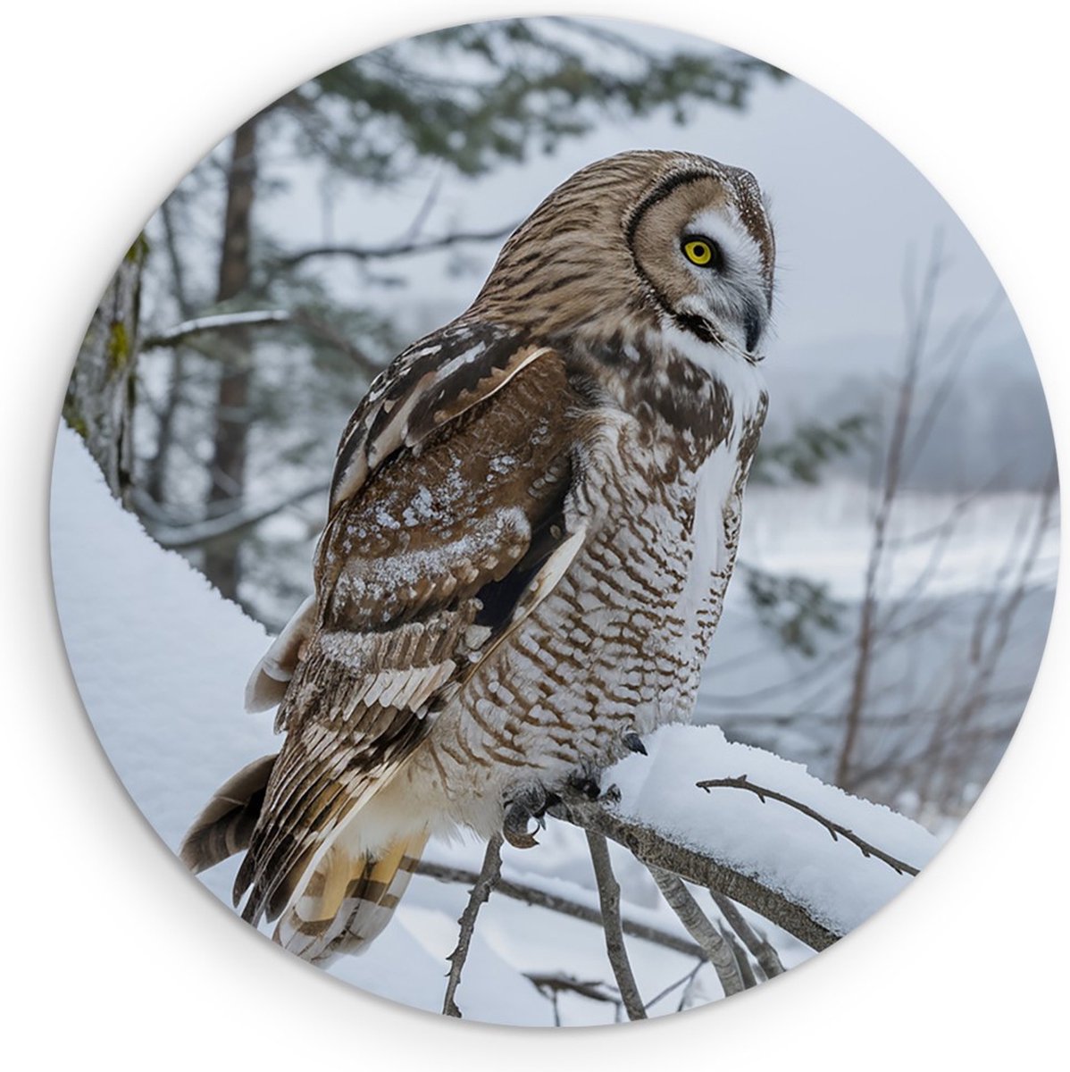 Saammp Muurcirkel Hout - Uil in de sneeuw - winter - Dieren - Ø 30 - Wandcirkel - Wanddecoratie Cirkel - muurdecoratie Woonkamer - Slaapkamer decoratie - Rond Schilderij