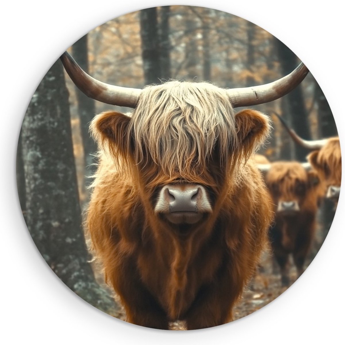 Saammp Muurcirkel Hout - Groep Schotse Hooglander Koeien - Landschap - Dieren - Natuur - Ø 30 - Wandcirkel - Wanddecoratie Cirkel - muurdecoratie Woonkamer - Slaapkamer decoratie - Rond Schilderij