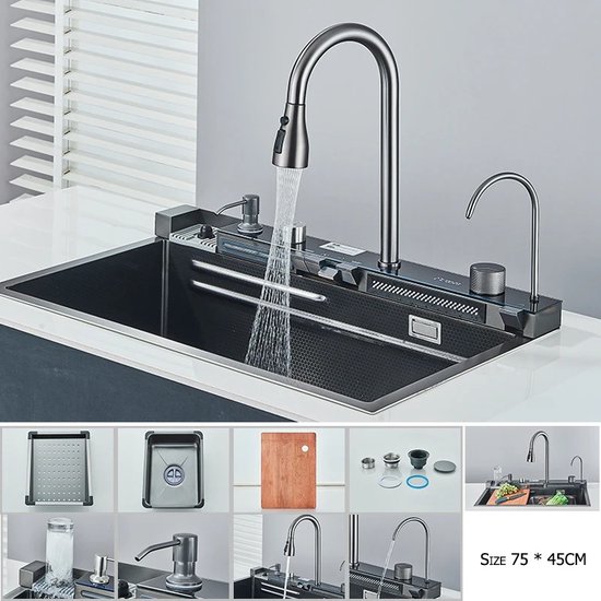 Zwarte Gootsteen 1 Bak 50x43x18,5CM, Roestvrij Staal, Met Zeepdispenser Keukenkraan Met Uittrekbare Douche 2 Stralen Koud Warm Water Grijs