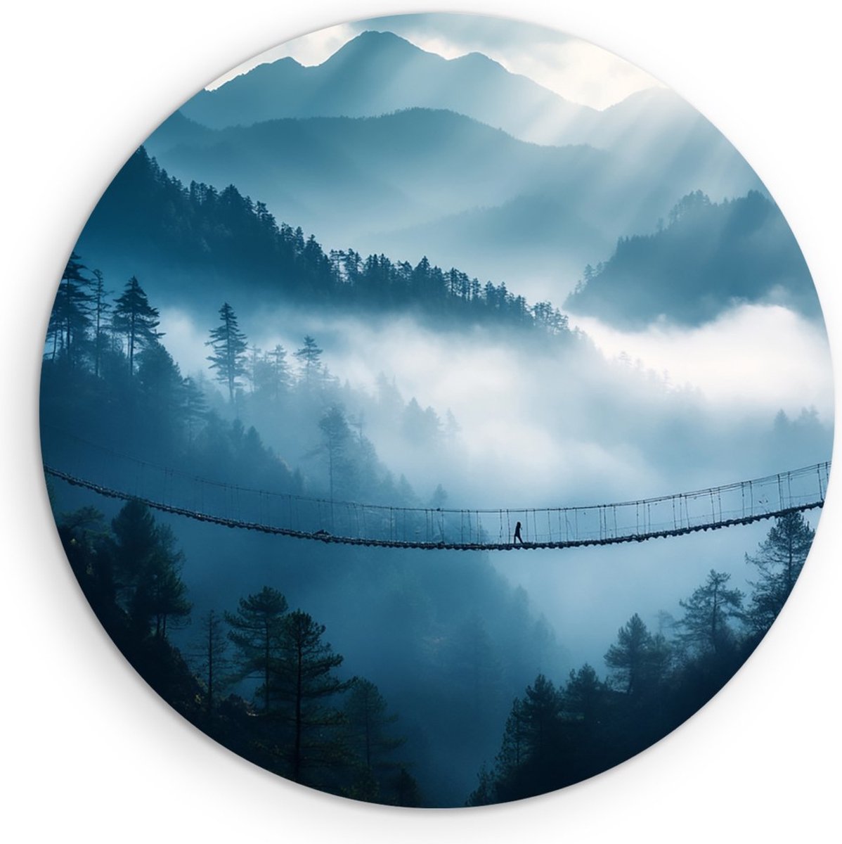 Saammp Muurcirkel Hout - Natuur - Hangbrug - landschap - Ø 80 - Wandcirkel - Wanddecoratie Cirkel - Muurdecoratie Woonkamer - Slaapkamer decoratie - Rond Schilderij