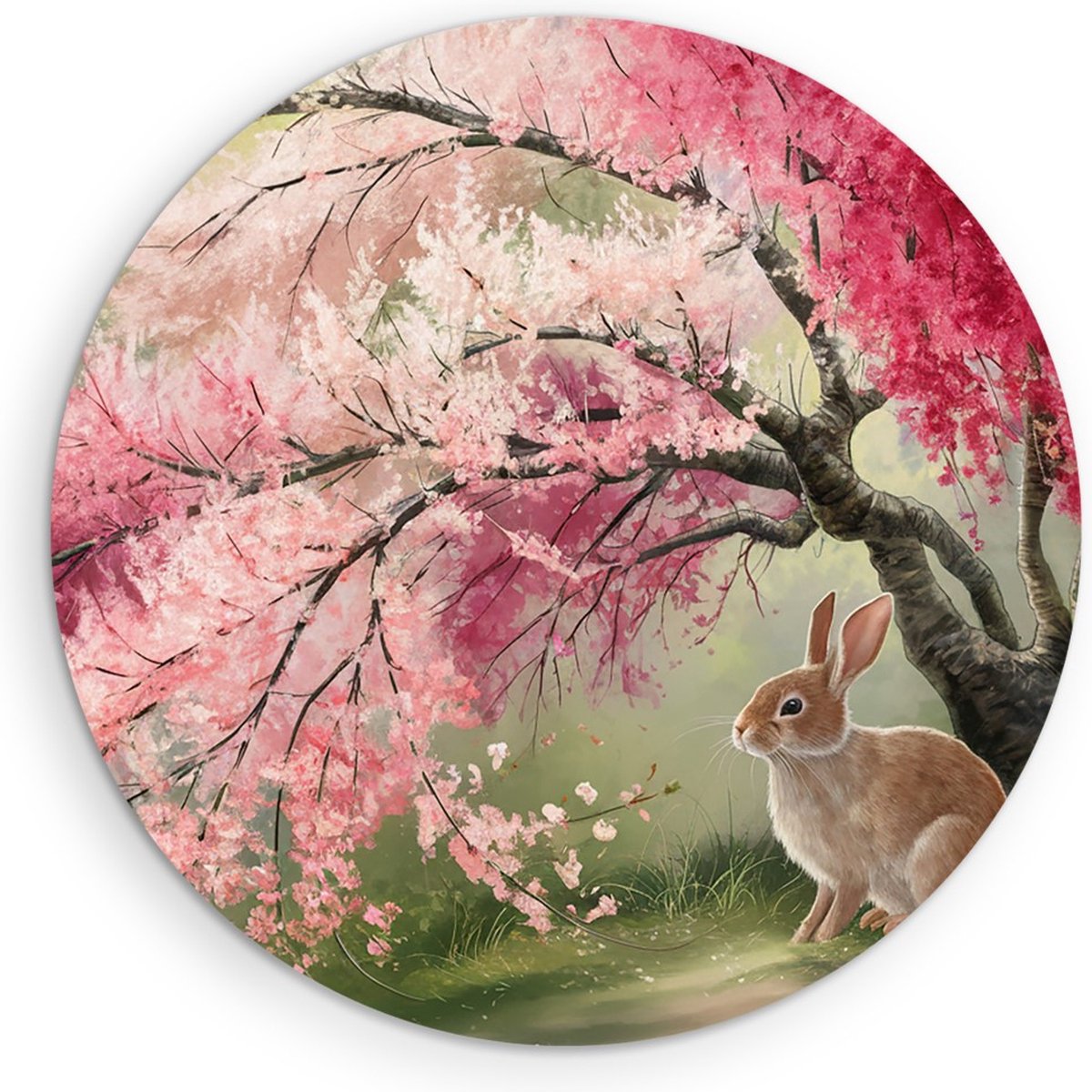 Saammp Muurcirkel Hout - Konijn onder roze boom - Natuur - Abstract - Ø 80 - Wandcirkel - Wanddecoratie Cirkel - Muurdecoratie Woonkamer - Slaapkamer decoratie - Rond Schilderij