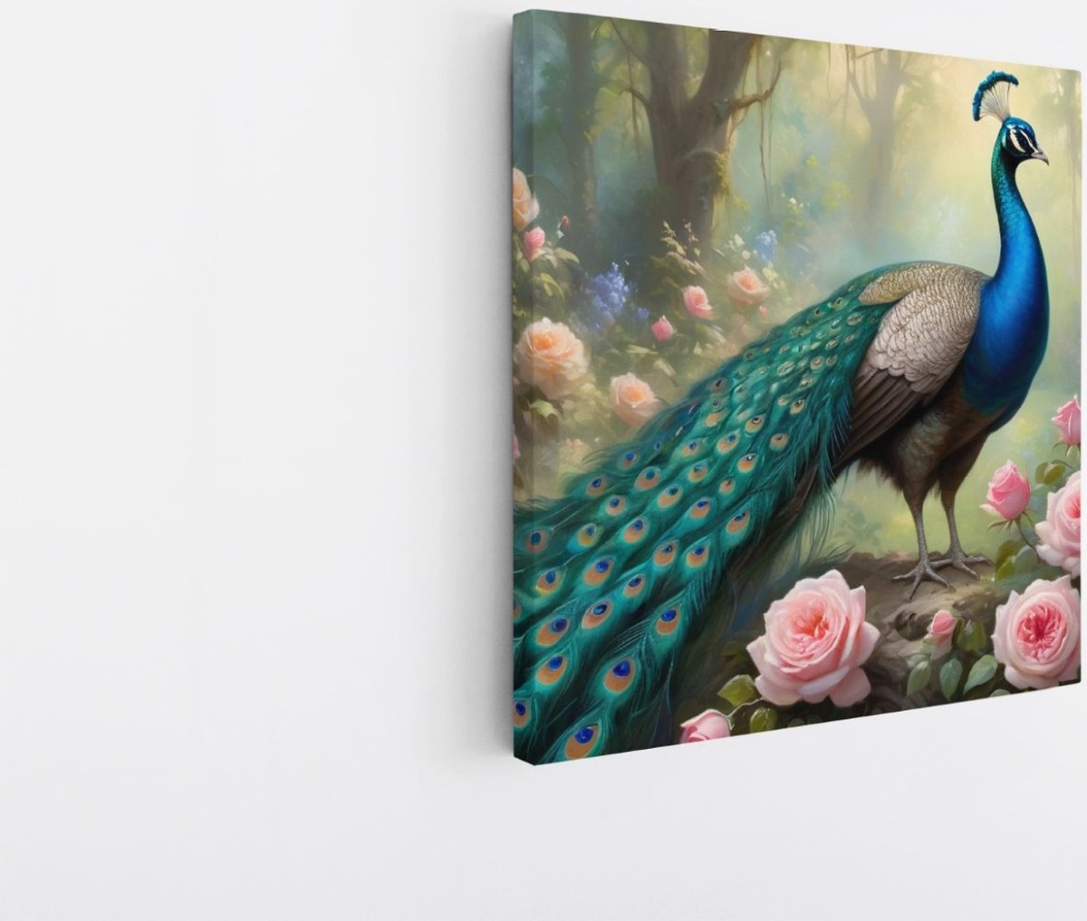 Saammp Canvas Schilderij - Pauw tussen de roze bloemen - Dieren - Natuur - 100x100 - Foto op canvas - Wanddecoratie - muurdecoratie Woonkamer - Slaapkamer decoratie - Canvas Print Multicolor