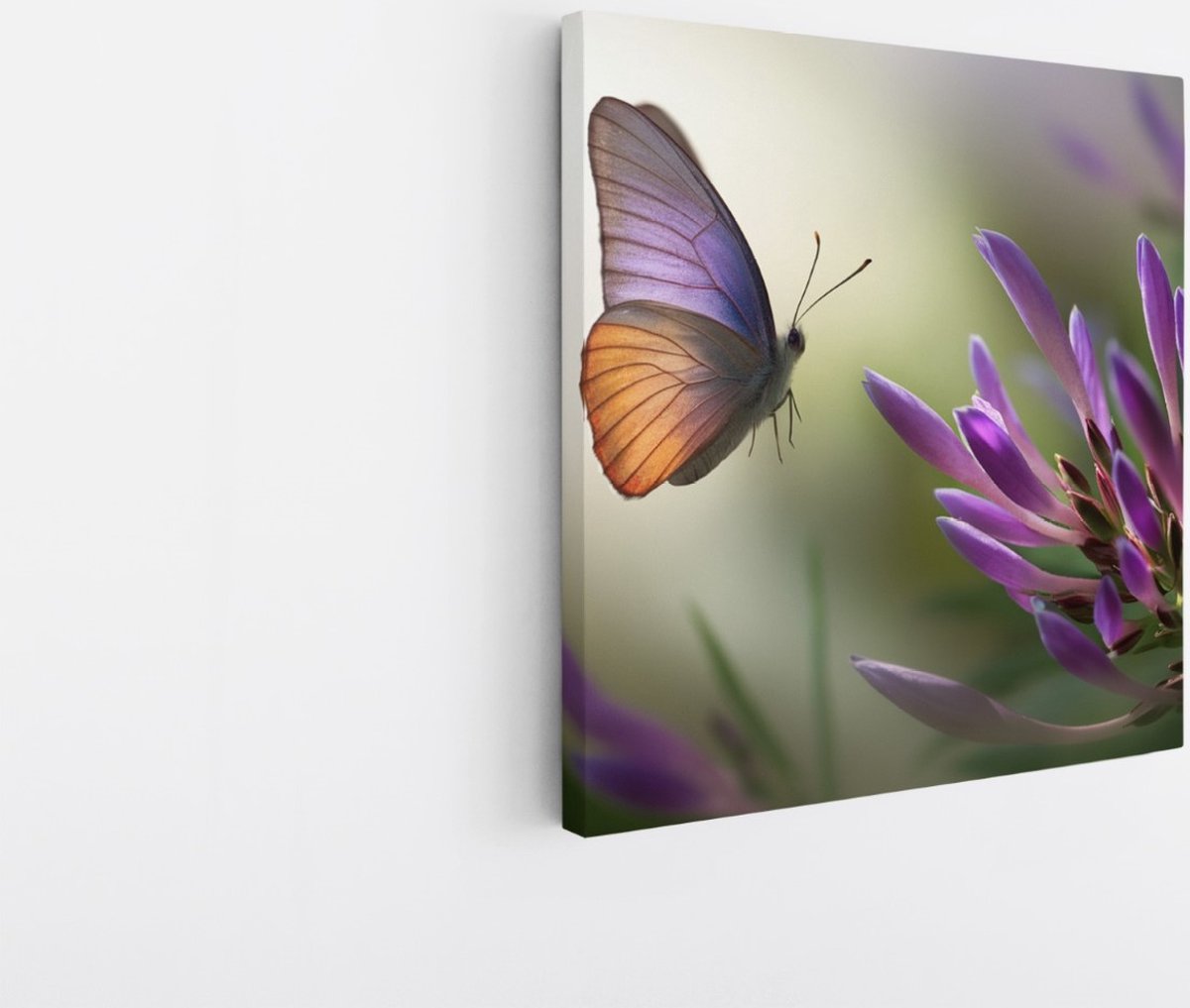 Saammp Canvas Schilderij - Vlinder naar paarse bloem - Natuur - Dieren - 30x30 - Foto op canvas - Wanddecoratie - muurdecoratie Woonkamer - Slaapkamer decoratie - Canvas Print Multicolor