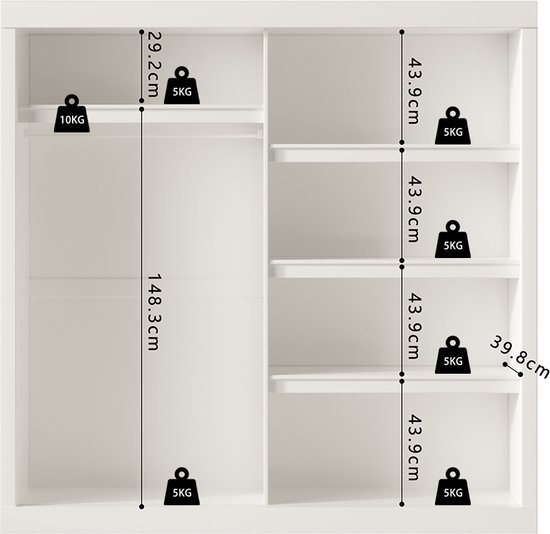Armoire Interiax «Mila» - Armoire à portes coulissantes Witte avec 1 cintre, 4 Étagères et miroir | 197,5 x 182,5 x 52,5 cm