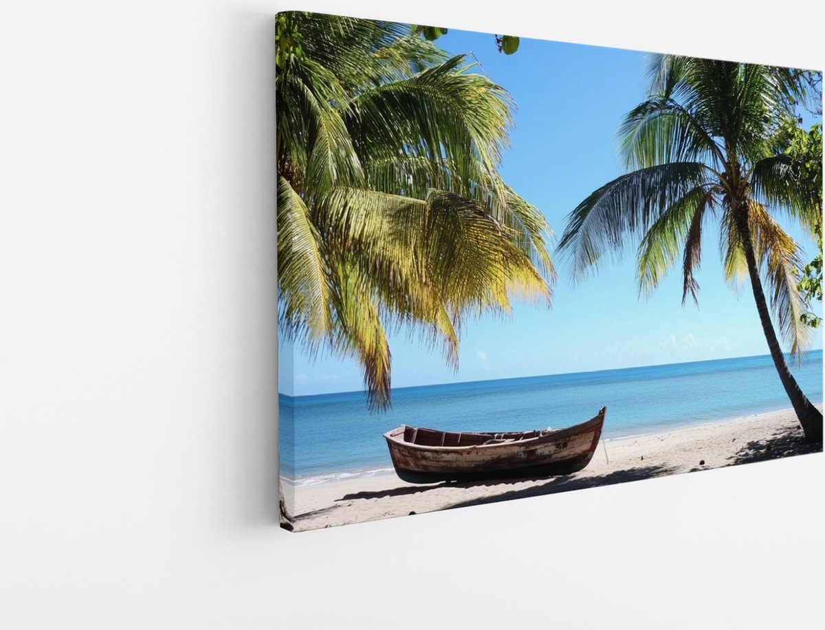 Saammp Canvas Schilderij - Boot op het zand - strand en zee - Tropisch - 120x80 - Foto op canvas - Wanddecoratie - muurdecoratie Woonkamer - Slaapkamer decoratie - Canvas Print Multicolor