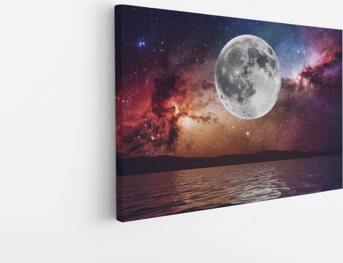 Saammp Canvas Schilderij - Maan met sterrenhemel - Natuur - Ruimte - 70x50 - Foto op canvas - Wanddecoratie - Muurdecoratie Woonkamer - Slaapkamer decoratie - Canvas Print Multicolor