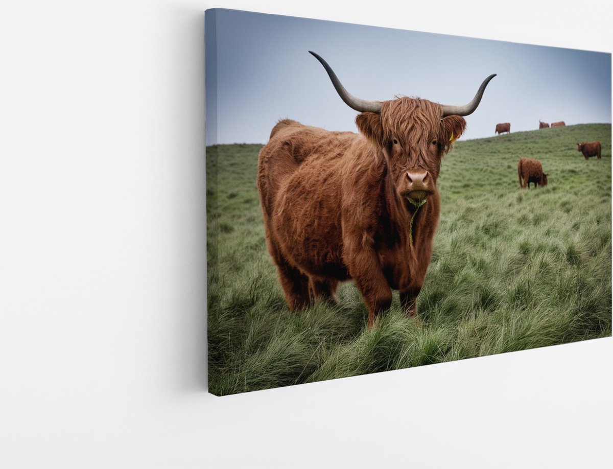 Saammp Canvas Schilderij - Schotse Hooglander Koe Familie in het gras - Dieren - Natuur - 45x30 - Foto op canvas - Wanddecoratie - muurdecoratie Woonkamer - Slaapkamer decoratie - Canvas Print Multicolor